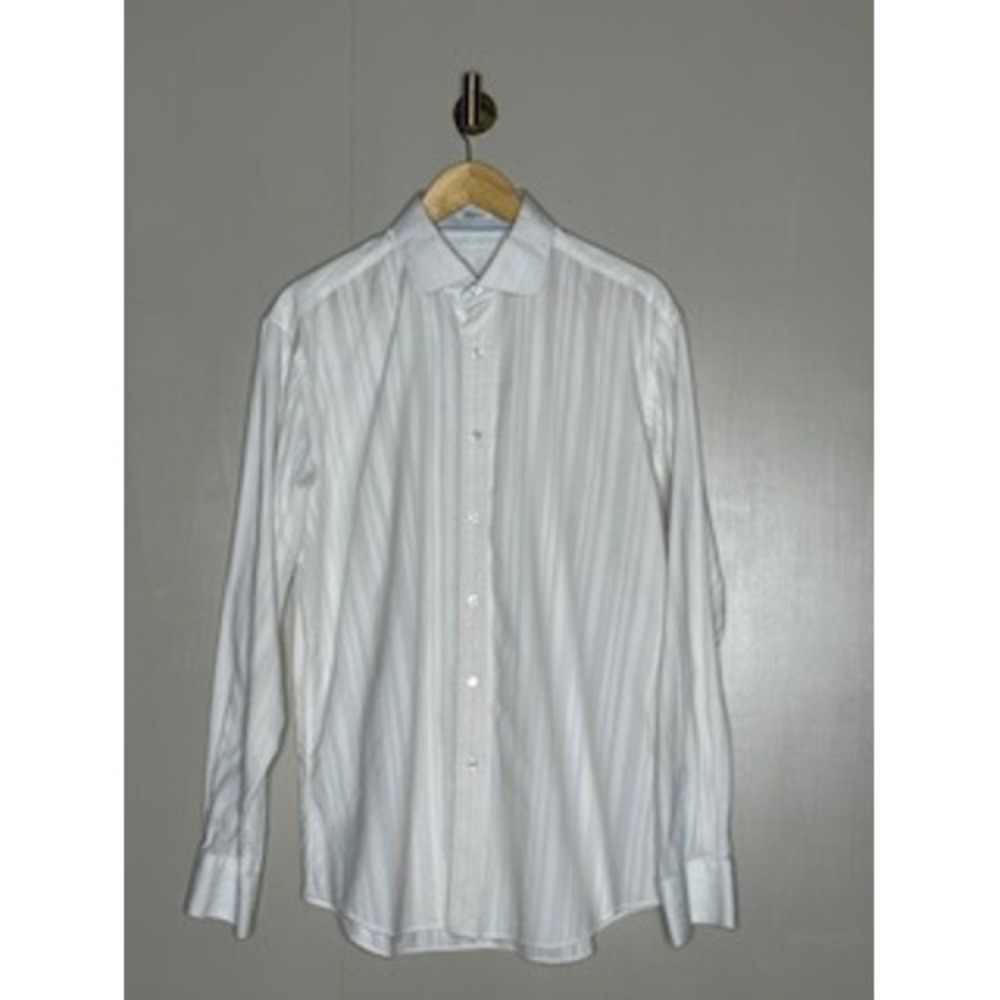 Bugatchi Uomo White Textured Stripe Dress Shirt Shaped Fit Cotton Button Up